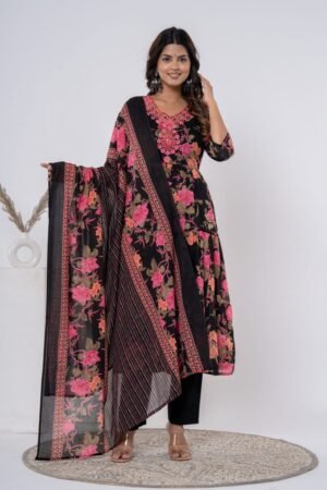 Floral Printed Black Anarkali Kurti with Dupatta Set (Women)