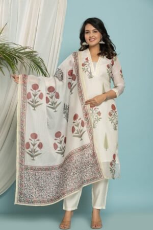 Ivory Floral Printed Cotton Suit Set With Dupatta