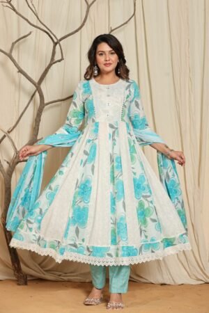 Aqua Blue Floral Anarkali Suit Set With Lace Hem & Dupatta