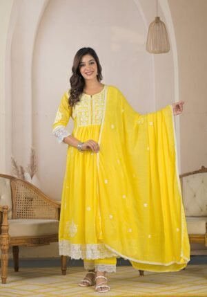 Sunshine Yellow Embroidered Anarkali Suit Set With Lace Detailing & Dupatta