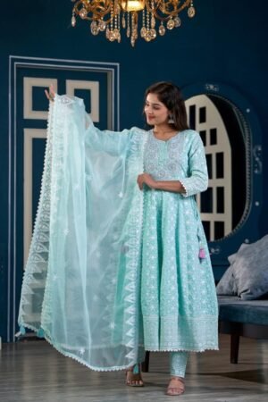 Aqua Blue Embroidered Anarkali Suit Set With Organza Dupatta