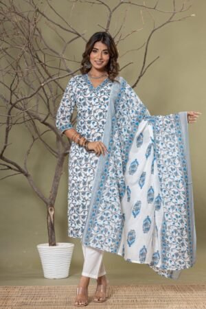 Aqua Blue Embroidered Anarkali Suit Set With Organza Dupatta