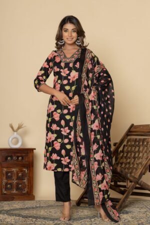 Aqua Blue Embroidered Anarkali Suit Set With Organza Dupatta