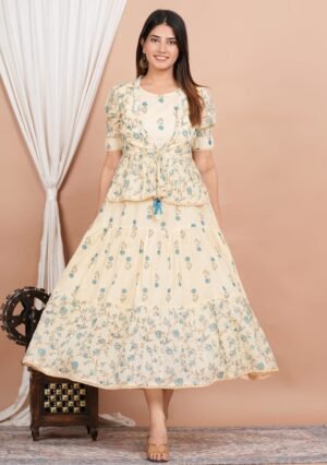Aqua Blue Embroidered Anarkali Suit Set With Organza Dupatta