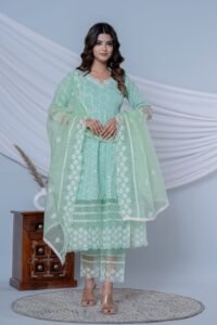 Mint Green Embroidered Cotton Kurti Pant with Organza Dupatta Set