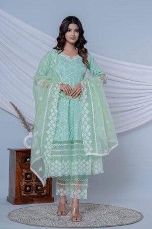 Mint Green Embroidered Cotton Kurti Pant with Organza Dupatta Set