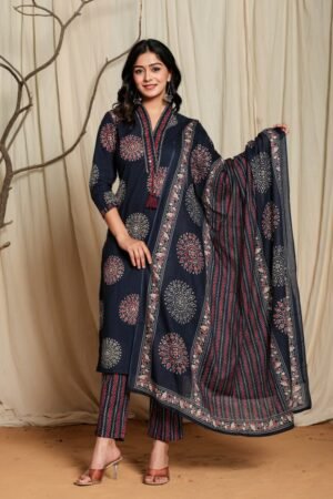 Navy Blue Printed Kurti Pant with Dupatta – Ethnic Three-Piece Set