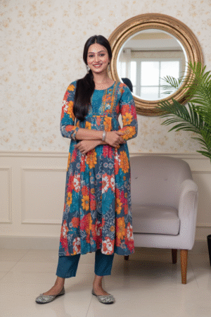 Floral Breeze Teal Anarkali Kurti Set