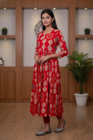 geography Traditional Red Printed Anarkali Kurti
