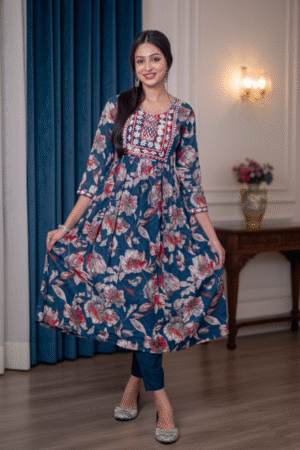 geography Floral Anarkali Blue Kurti Set