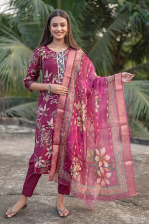 Elegant Floral Maroon 3-Piece Kurti Set with Printed Dupatta