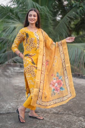 Elegant Floral Yellow 3-Piece Kurti Set with Printed Dupatta