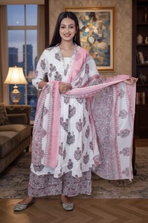 Maroon & White Floral 3-Piece Kurti Set with Dupatta