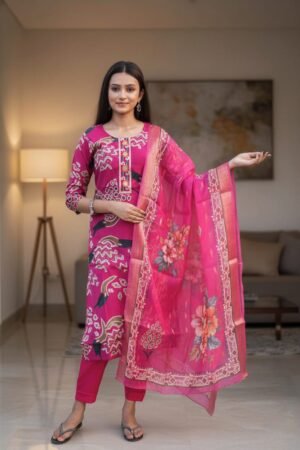 Elegant Floral Pink3-Piece Kurti Set with Printed Dupatta