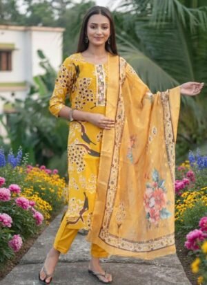 Elegant Floral Yellow 3-Piece Kurti Set with Printed Dupatta