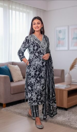 Midnight Blossom Floral Kurta Set with Dupatta
