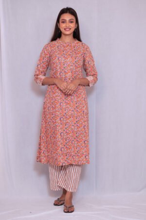 Women’s Orange & white Floral Printed Straight Kurti with Striped Palazzo Set