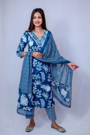 Elegant Blue Printed Kurta Pant Set with Dupatta