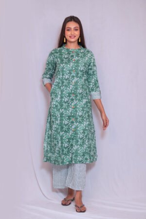 Women’s GREEN Floral Printed Straight Kurti with Striped Palazzo Set