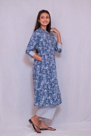 Women’s Blue Floral Printed Straight Kurti with Striped Palazzo Set