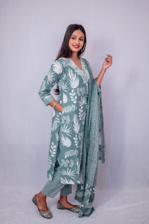 Elegant Gray Printed Kurta Pant Set with Dupatta