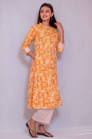 Women’s Mustard Yellow Floral Printed Kurti with Striped Palazzo Set