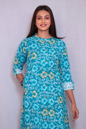 Women’s Teal Blue Floral Printed Kurti with Palazzo Set