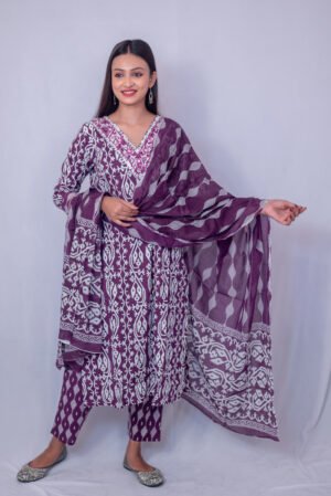 Elegant Purple Printed Kurta Pant Set with Dupatta