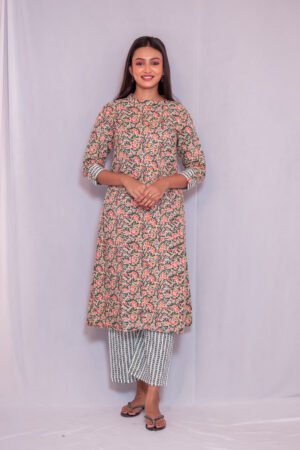 Women’s Orange& White Floral Printed Kurti with Striped Palazzo Set