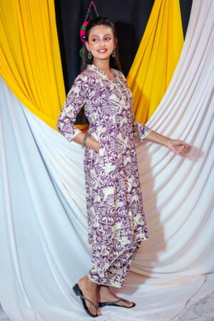 Women’s Purple & Cream Floral Printed Kurti Pant Set – Elegant V-Neck 3/4 Sleeve Ethnic Wear for Daily & Festive Use