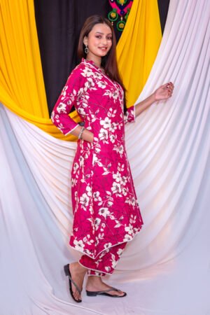 Women’s Pink & Cream Floral Printed Kurti Pant Set – Elegant V-Neck 3/4 Sleeve Ethnic Wear for Daily & Festive Use
