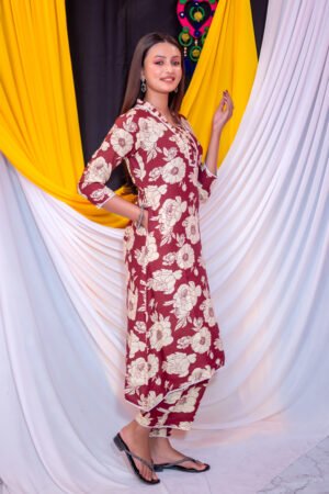 Women’s  Maroon  & Cream Floral Printed Kurti Pant Set – Elegant V-Neck 3/4 Sleeve Ethnic Wear for Daily & Festive Use