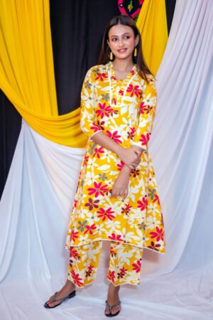 Women’s Yellow;Red Floral Printed Kurti Pant Set – Elegant V-Neck 3/4 Sleeve Ethnic Wear for Daily & Festive Use