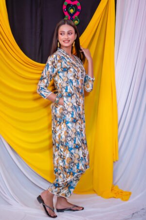 Women’s Blue & Mustard Floral Printed Kurti – Elegant V-Neck 3/4 Sleeve Casual & Office Wear Ethnic Kurta