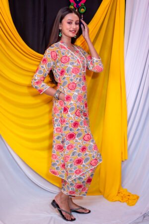 Mustard Floral Printed Kurta Set for Women
