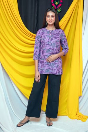 Lavender Floral Rayon Short Kurti Top for Women