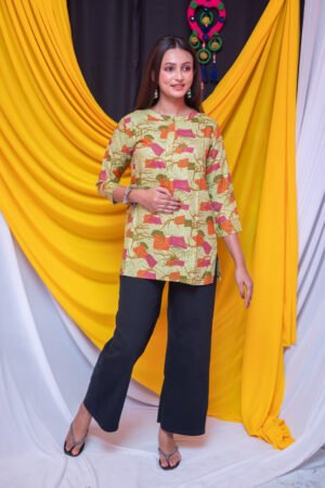 Yellow Floral Rayon Short Kurti Top for Women