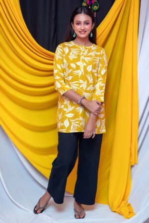 Yellow Floral Rayon Short Kurti Top for Women