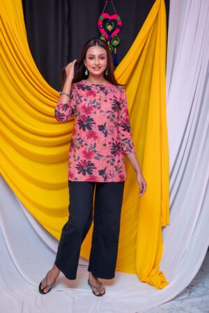 Pink Floral Ryon Short Kurti Top for Women