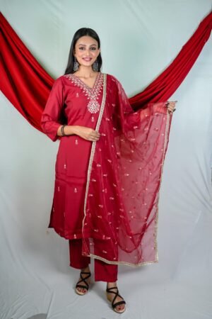 Ethnic Wear Red Kurta Set – Intricate Neckline Embroidery  Zari Border Dupatta