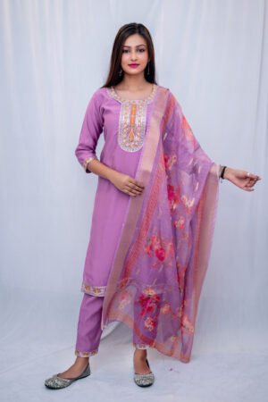 The Lavender Blush  Embroidered Silk Kurta Set with Floral Organza Dupatta