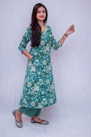 Sea Green & White Floral Cotton Kurta with Printed Palazzos