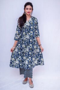 Navy Blue Floral Print A-Line Kurta with Printed Trousers