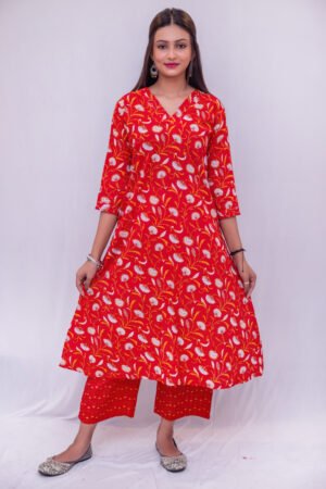 Elegant Red Floral Printed Kurti Pant Set for Women