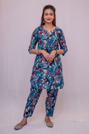 Designer Blue Floral Printed Kurti & Pant Set