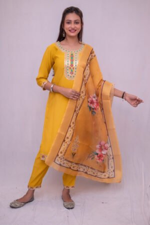 Sunshine Mustard Embroidered Kurti Pant Dupatta Set