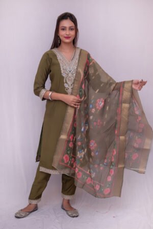 Olive Green Embroidered Silk Kurta Set with Floral Organza Dupatta