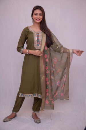 Ethnic Wear Olive Green Kurta Set – Intricate Neckline Embroidery & Zari Border Dupat