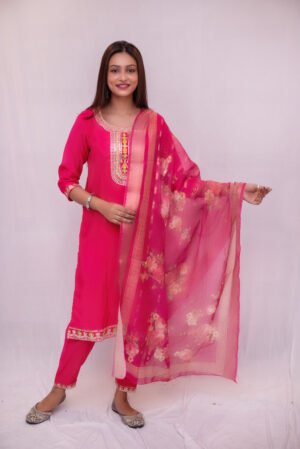 Rani Pink Embroidered Kurti Set with Floral Printed Dupatta.
