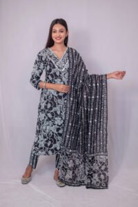 Black Embroidered Cotton Kurta Set with Floral Cotton Dupatta